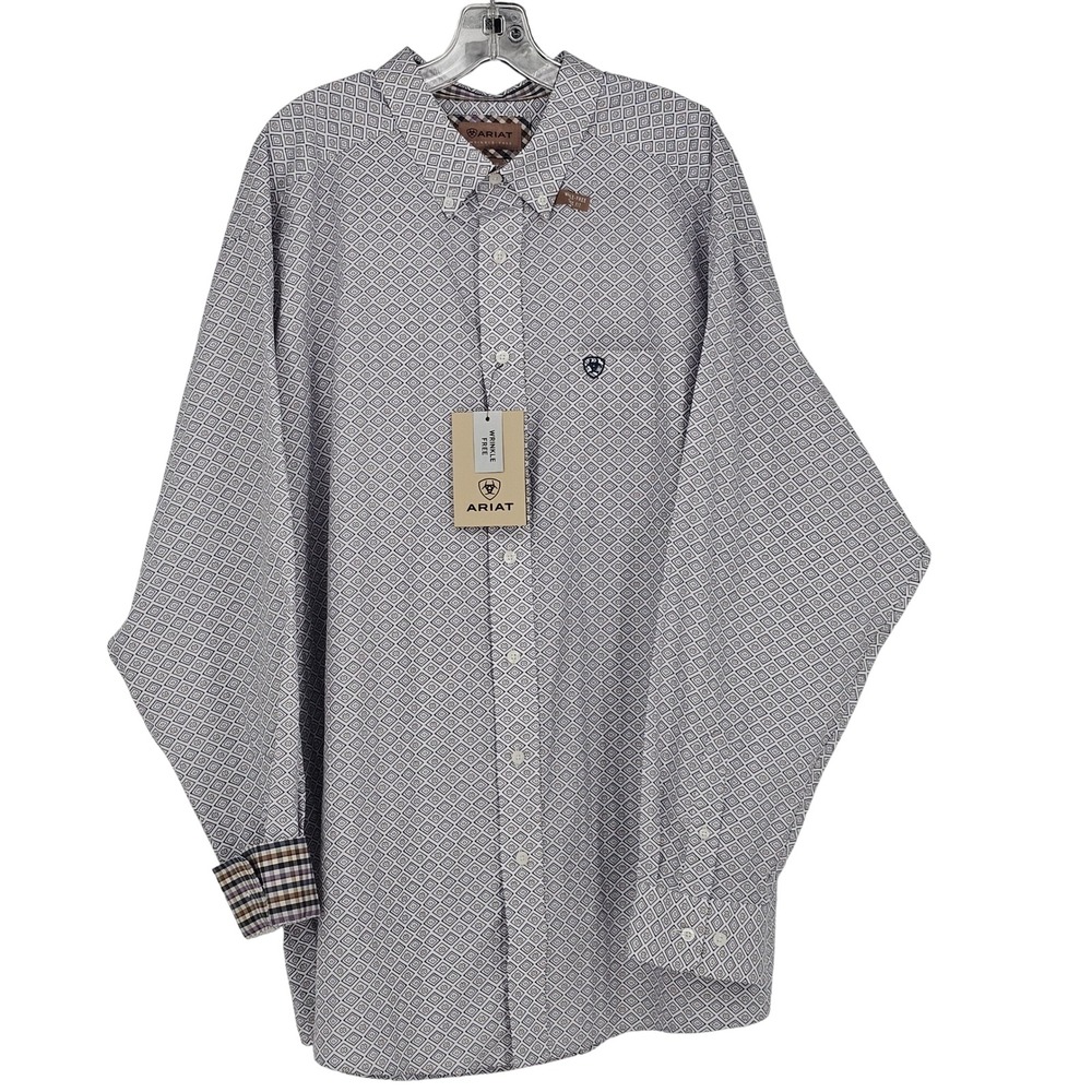 Ariat Declan Button Up Shirt XXL White Geometric Flip Cuff Western Cowboy Office